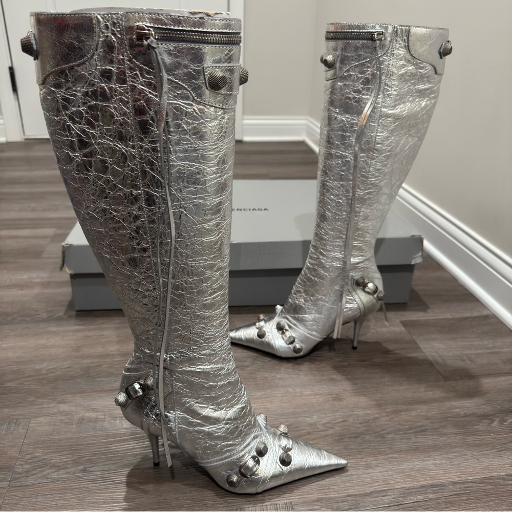 Balenciaga Cagole 90mm Metallic Arena Silver Heeled Tall Boots - Picture 2 of 16